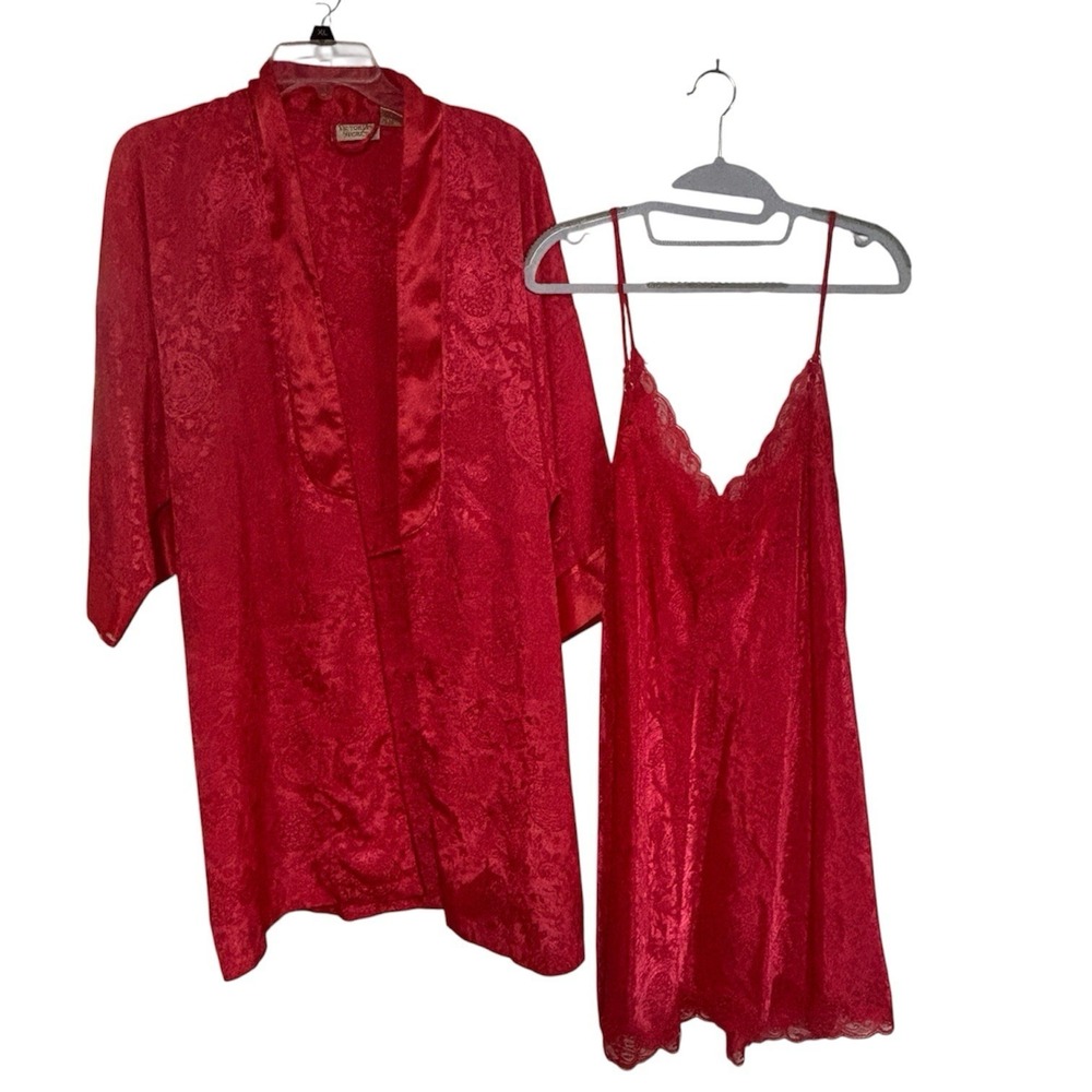 vtg Victoria's Secret Gold Label Nightgown Robe Set Corral Pink Lace Floral